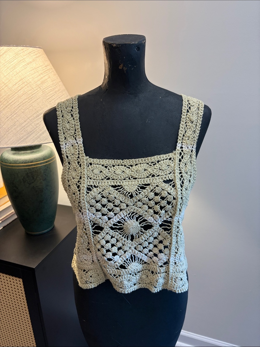 POL Country Boho Festival Tan Stripe Sheer Crochet Crop Camisole Corset Back S/M